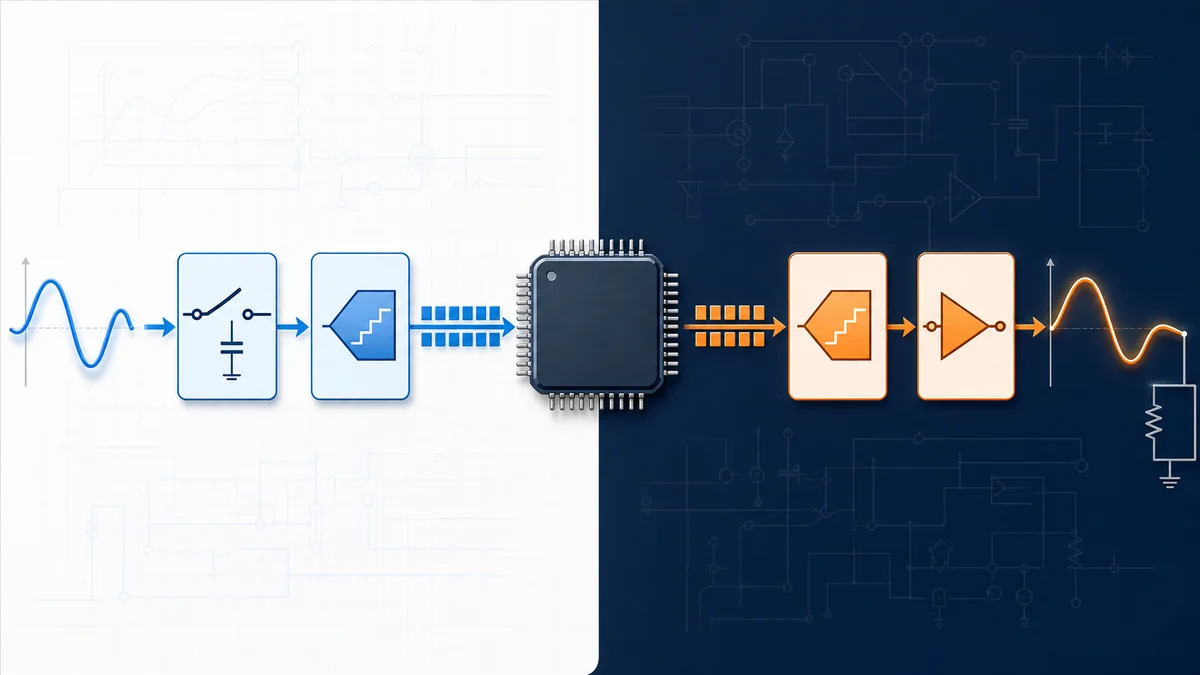 A decision map matches sensor bandwidth, latency, precision, channel switching and output behavior to ADC and DAC selection filters.