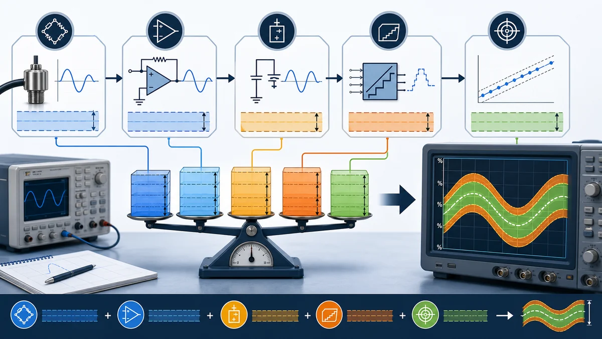 An analog error budget separates source, amplifier, filter, reference, converter and output errors into calibrated, random and worst-case terms.