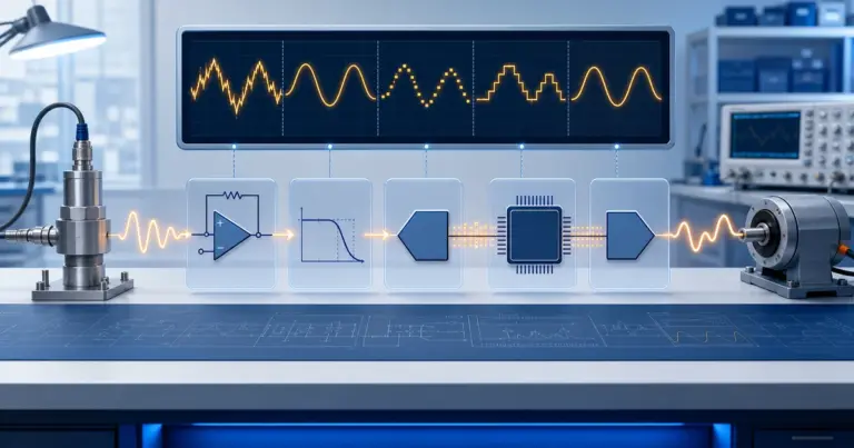Sensor signal flowing through amplification, filtering, data conversion, digital control and analog output stages