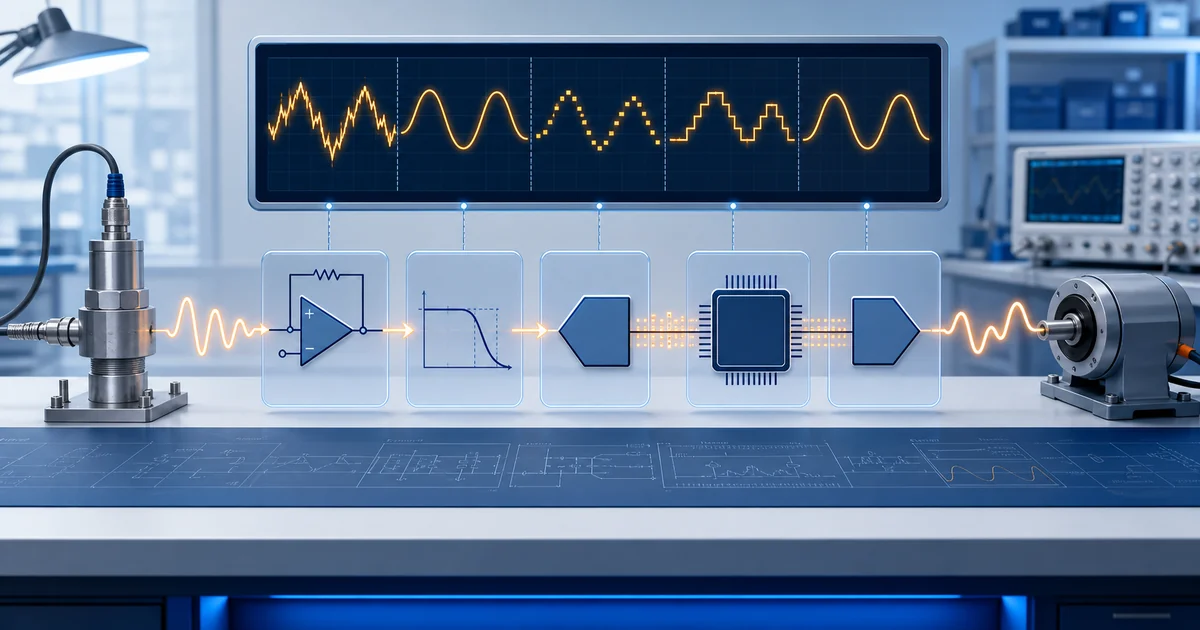 An engineer traces a sensor signal through conditioning, data conversion, digital processing and an analog output stage.