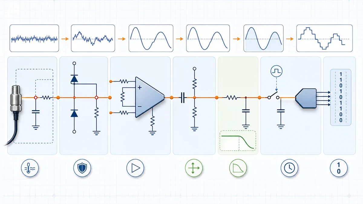 A complete analog signal path runs from sensor and protection through gain, filtering, reference, ADC, digital interface, DAC and output buffer.
