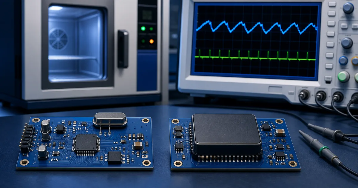 External-crystal RTC and integrated TCXO RTC compared on a temperature-test bench