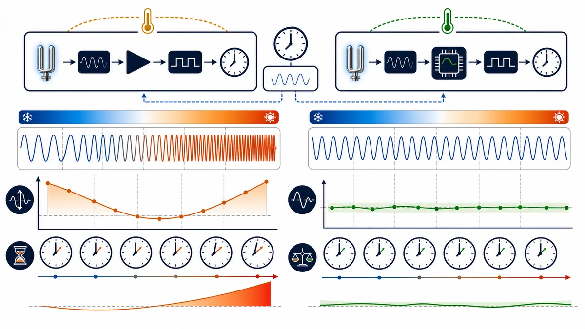 Uncompensated tuning-fork crystal drift compared with TCXO-corrected timekeeping across temperature