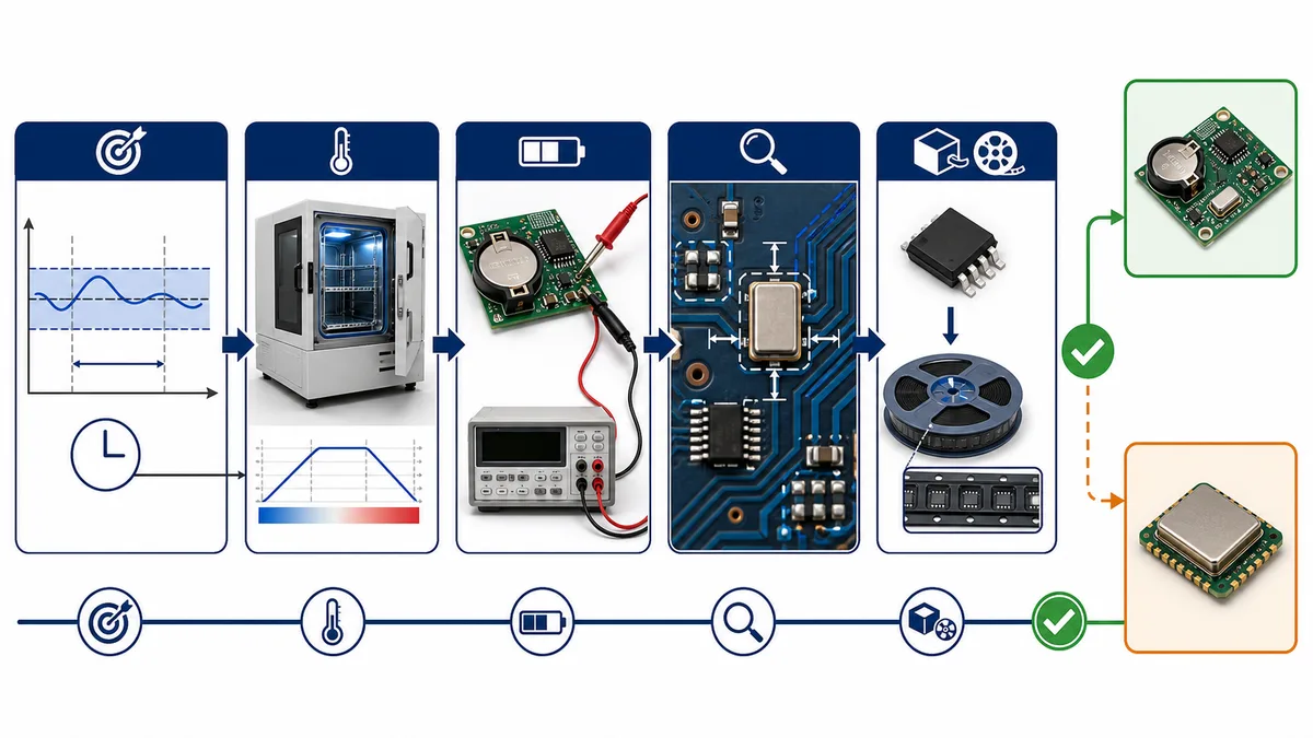 RTC error-budget, temperature, backup-current, PCB-layout, package and order-code qualification workflow