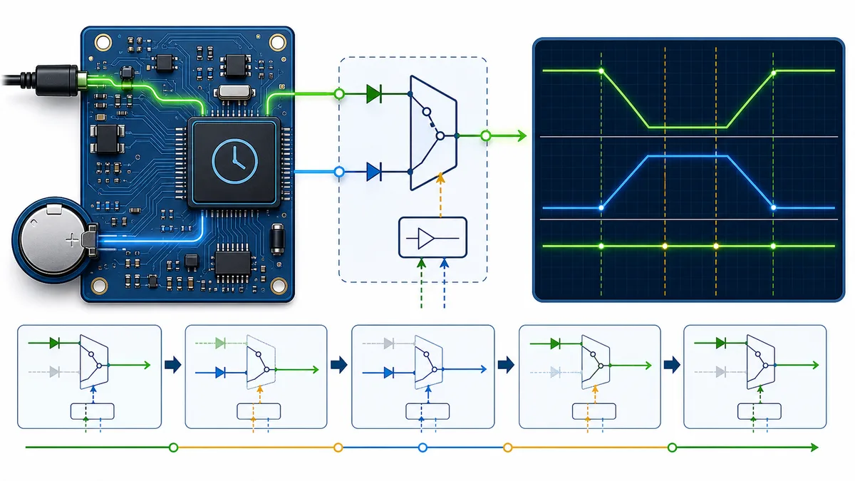 RTC automatic switchover between main supply and backup cell during falling and rising supply ramps