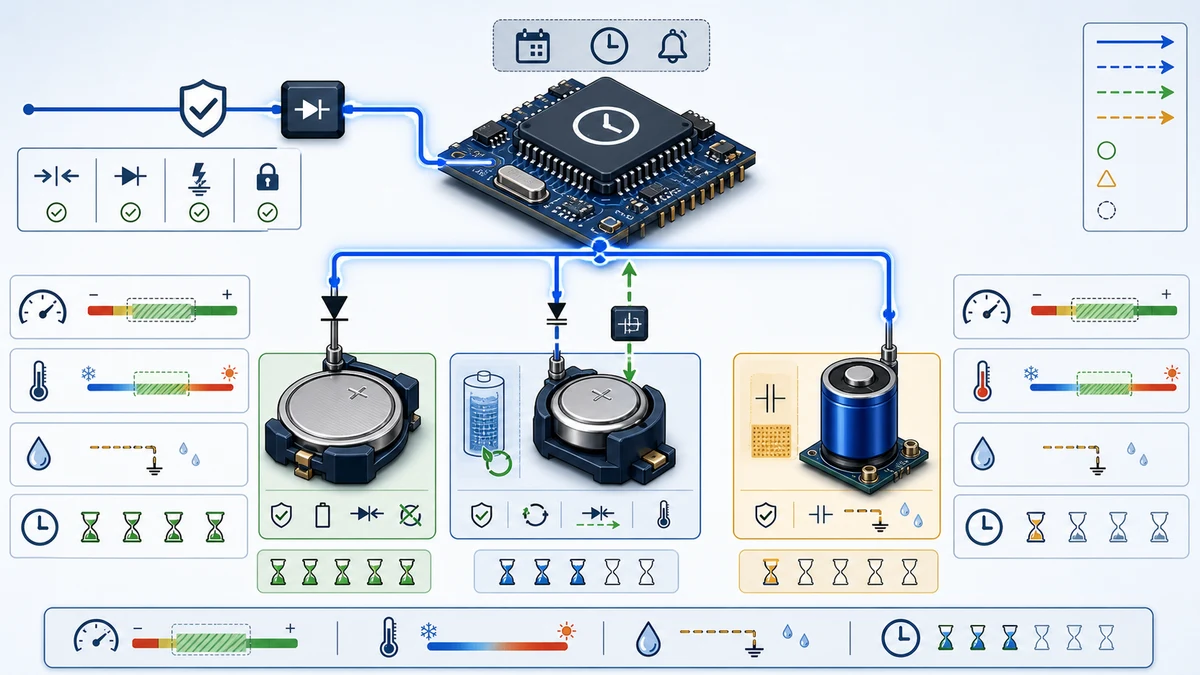 RTC backup power paths for primary cells, rechargeable cells and supercapacitors