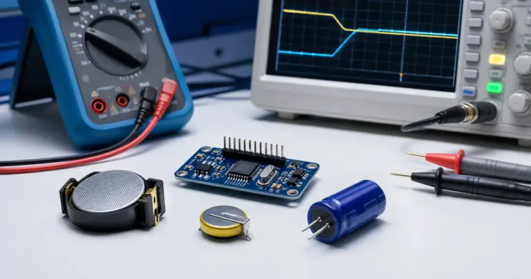 RTC circuit evaluated with a primary coin cell, rechargeable cell, supercapacitor and power-switchover instruments