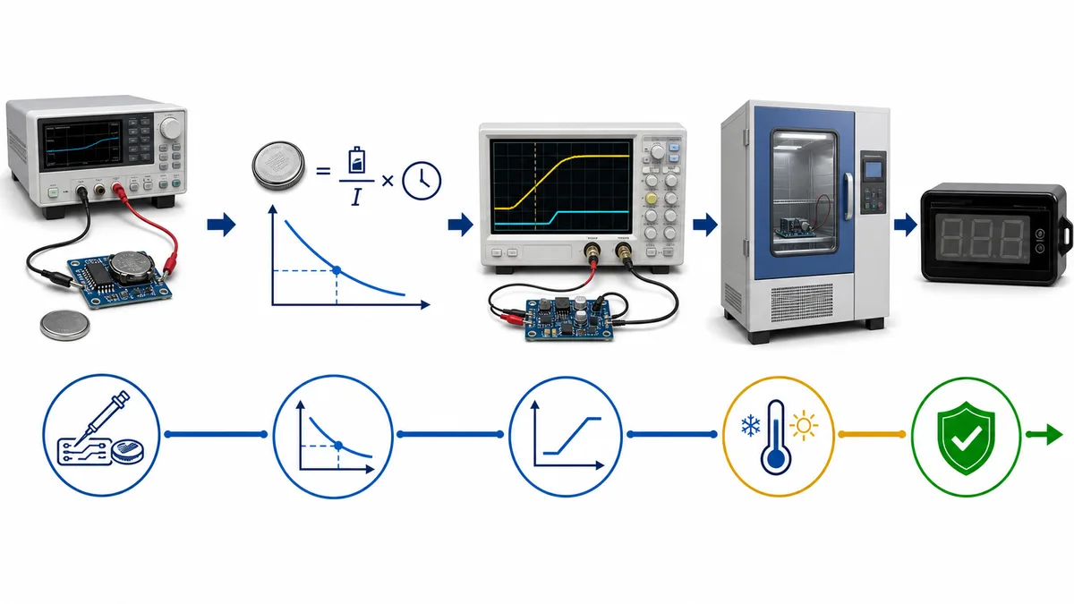RTC backup qualification workflow with current measurement, holdover calculation, voltage ramps, temperature testing and recovery checks