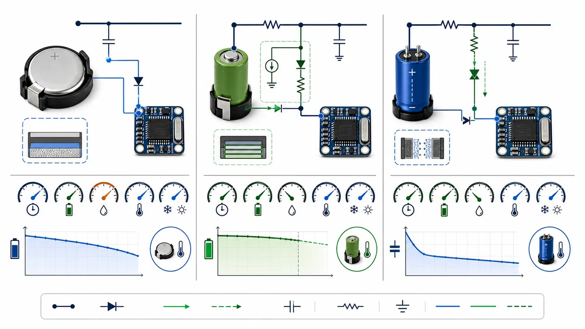 RTC backup comparison of a primary lithium cell, rechargeable cell and supercapacitor