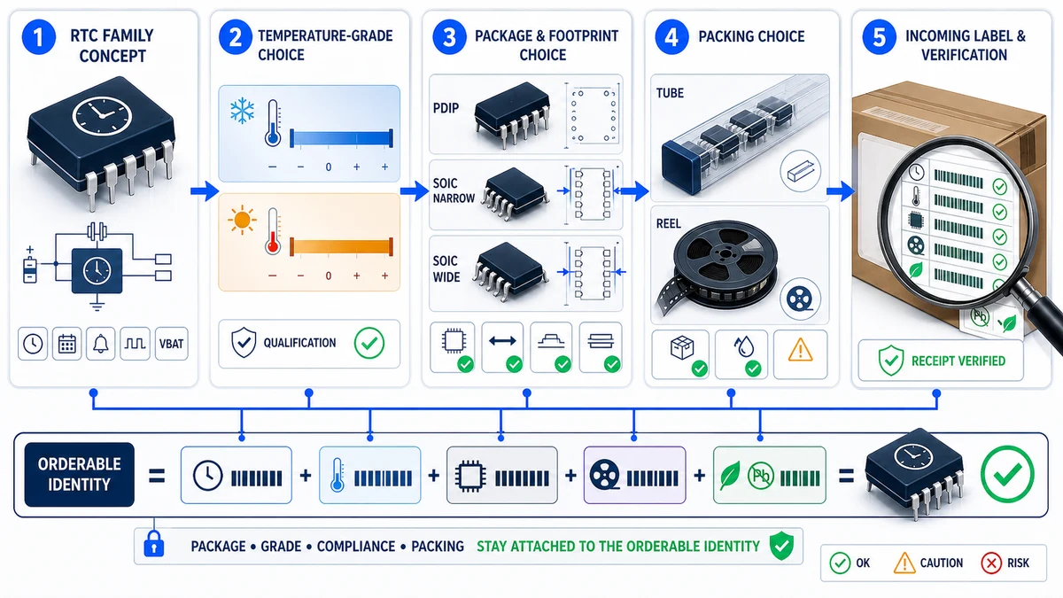 RTC package, temperature grade, packing and incoming-label verification workflow