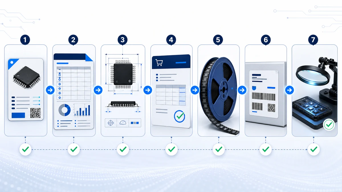 Seven-step RTC orderable-code, BOM, footprint, packing, label and incoming-inspection workflow