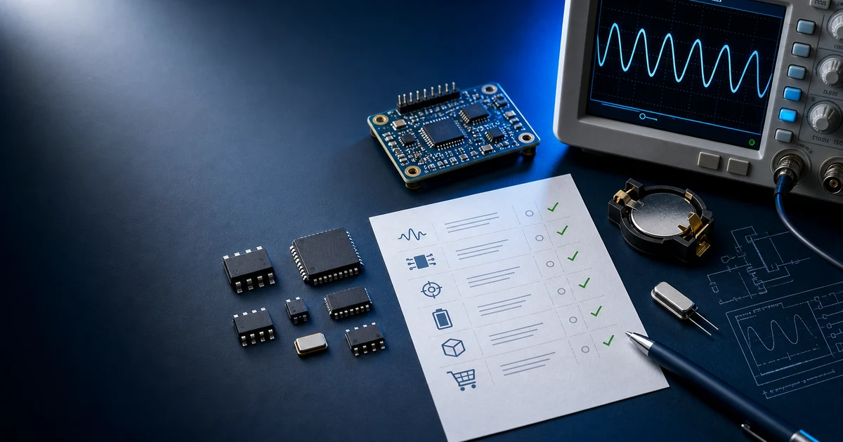 RTC IC selection workbench with interface, accuracy, backup power and package checks