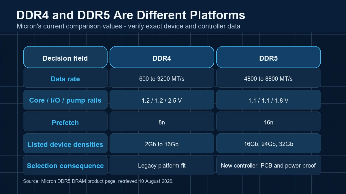 Micron DDR4 and DDR5 decision matrix comparing data rate, supply rails, prefetch, densities and platform consequences.