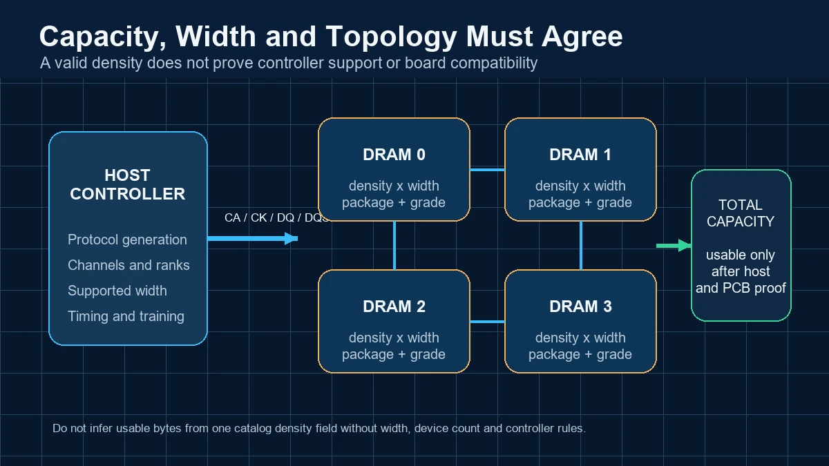 DRAM capacity and topology diagram connecting a host controller to four memory devices with density, width, package and grade constraints.