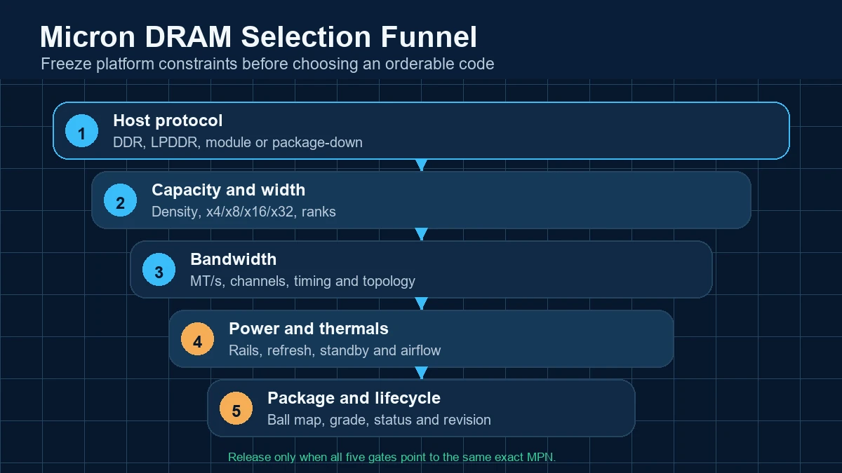 Five-gate Micron DRAM selection funnel covering host protocol, capacity, bandwidth, power, package and lifecycle.